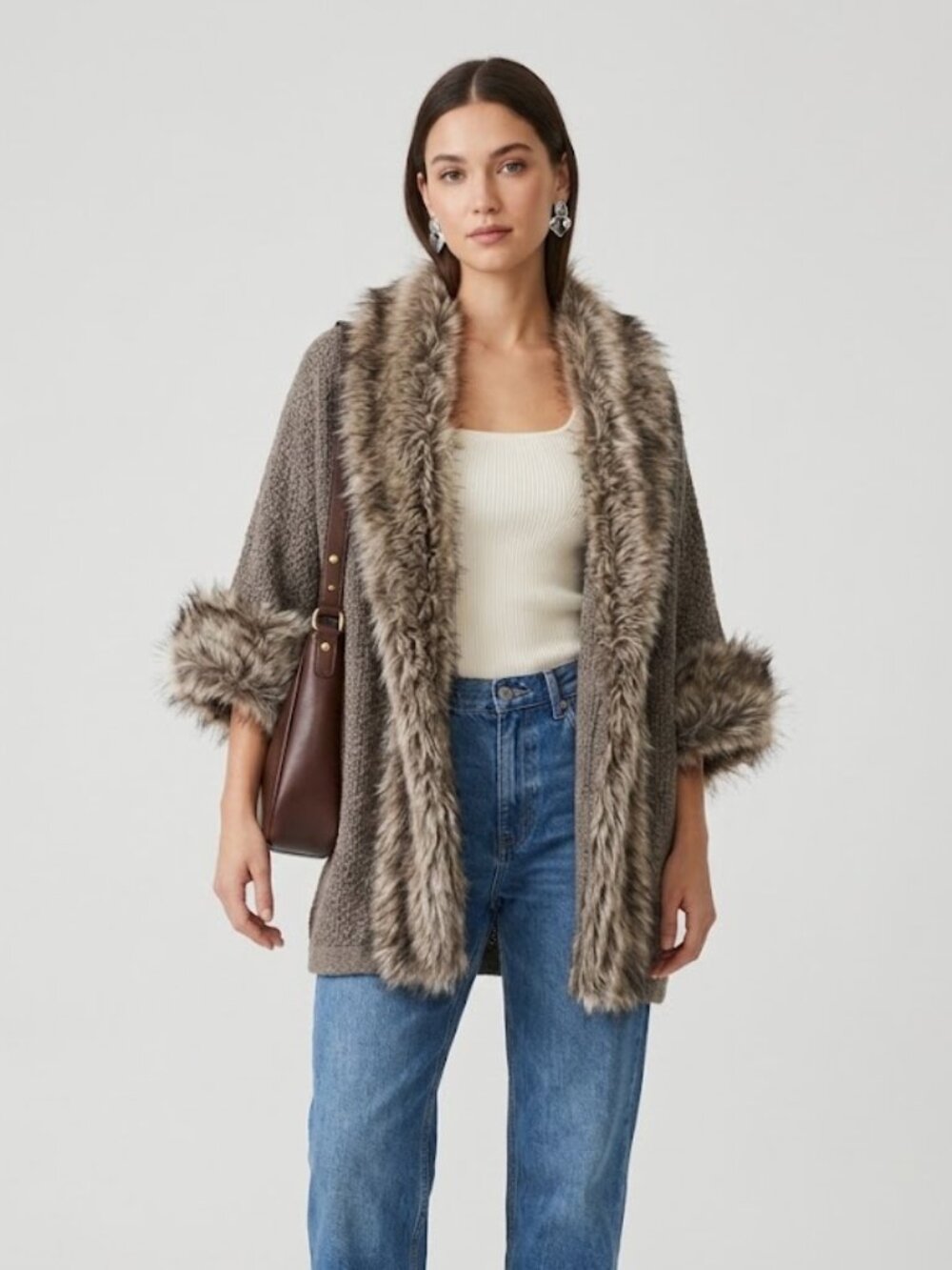 Kenar Faux Fur Trim Long Cardigan Sweater Alpaca Wool Coat Removable Collar S